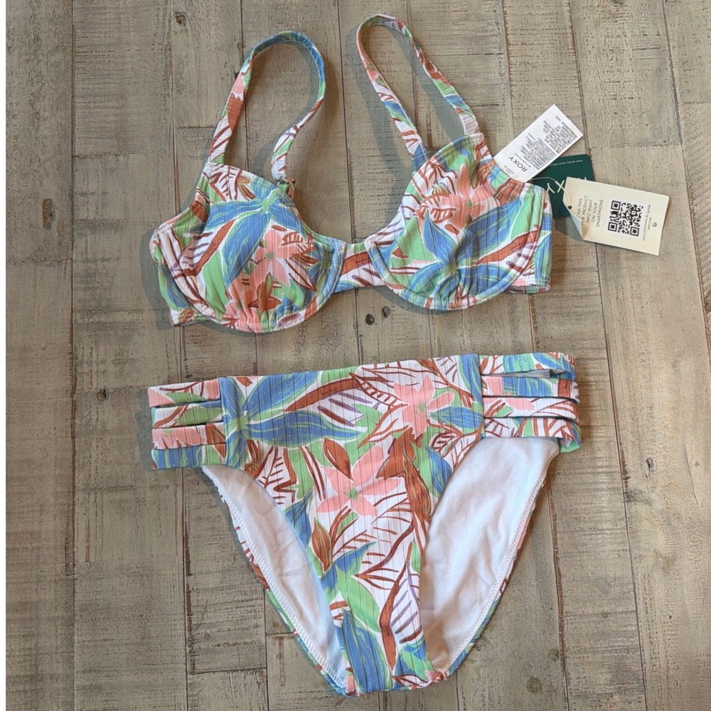 Roxy Love The Muse Underwire Bikini Set Floral Ribbed Hi Waist Sprucetone S NEW